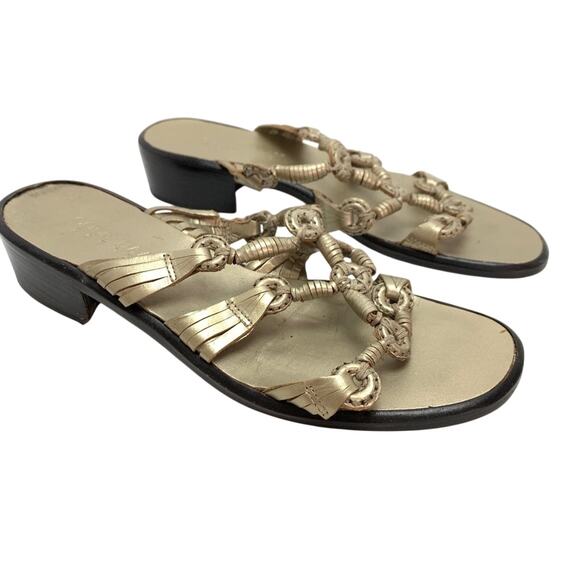 Cole Haan Resort Womens Slip On Block Low Heel Gold Sandals Leather Shoes sz 7 - Picture 1 of 16